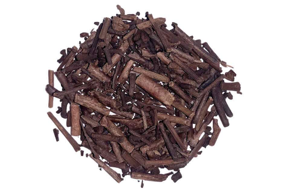 A close-up image of dried kukicha twig tea leaves.