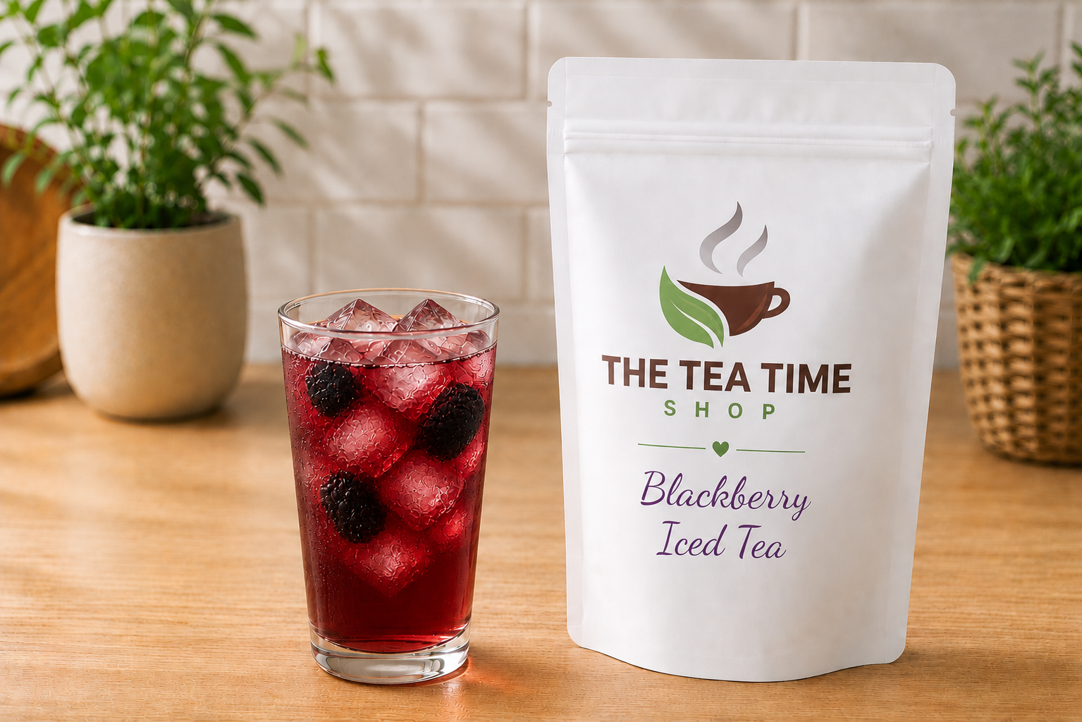 Glass of blackberry iced tea with a bag labeled 'The Tea Time Shop' on a wooden surface.