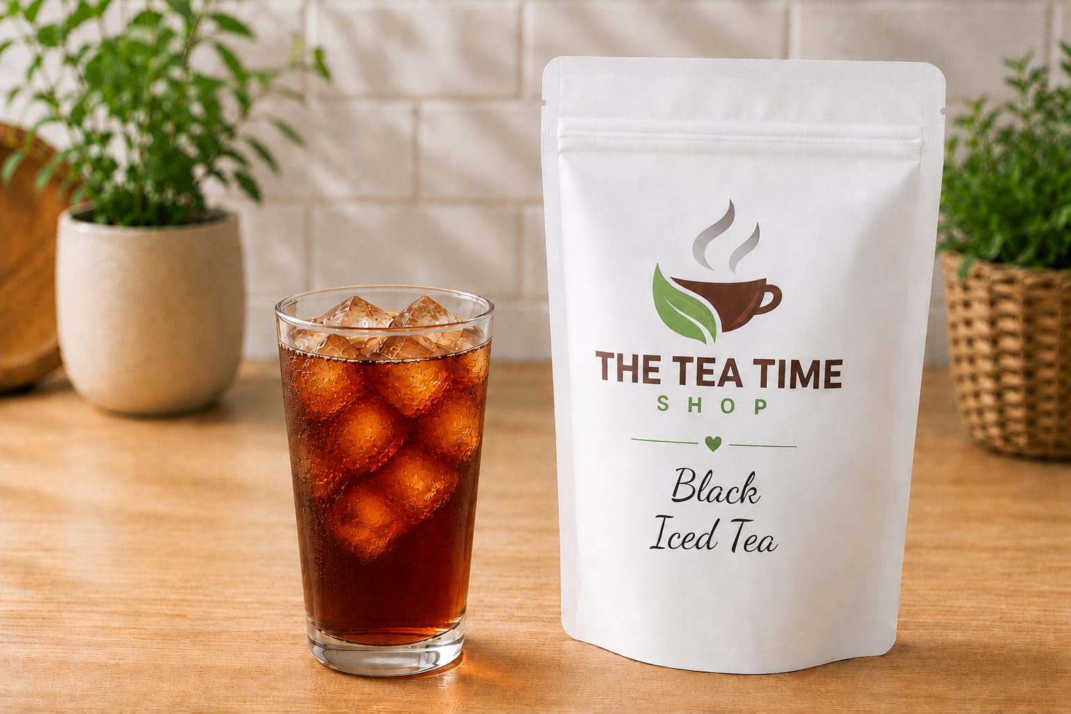 White bag of 'The Tea Time Shop' Black Iced Tea next to a glass of iced tea on a wooden surface.