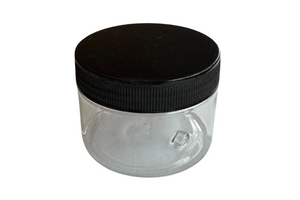 a clear round canister for storage with a black screw top on a white background