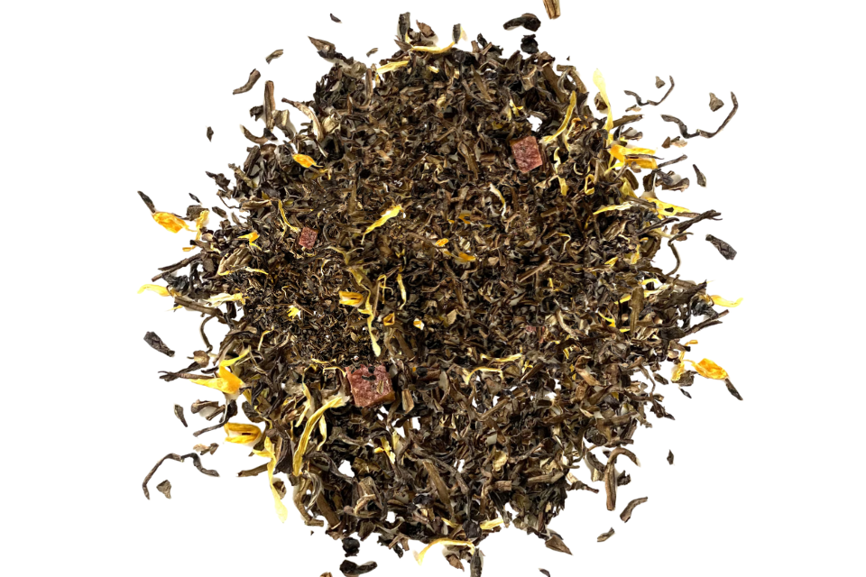 Tea leaves with yellow flowers on a white background
