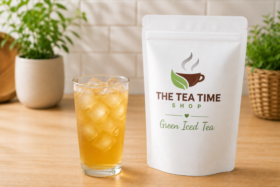 Glass of iced tea next to a package of 'The Tea Time Shop' green iced tea on a wooden surface with plants in the background.