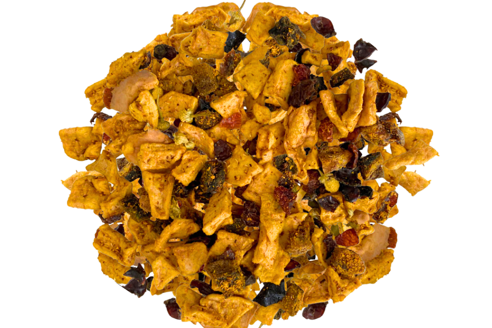 Pile of fruit tea with various ingredients on a white background