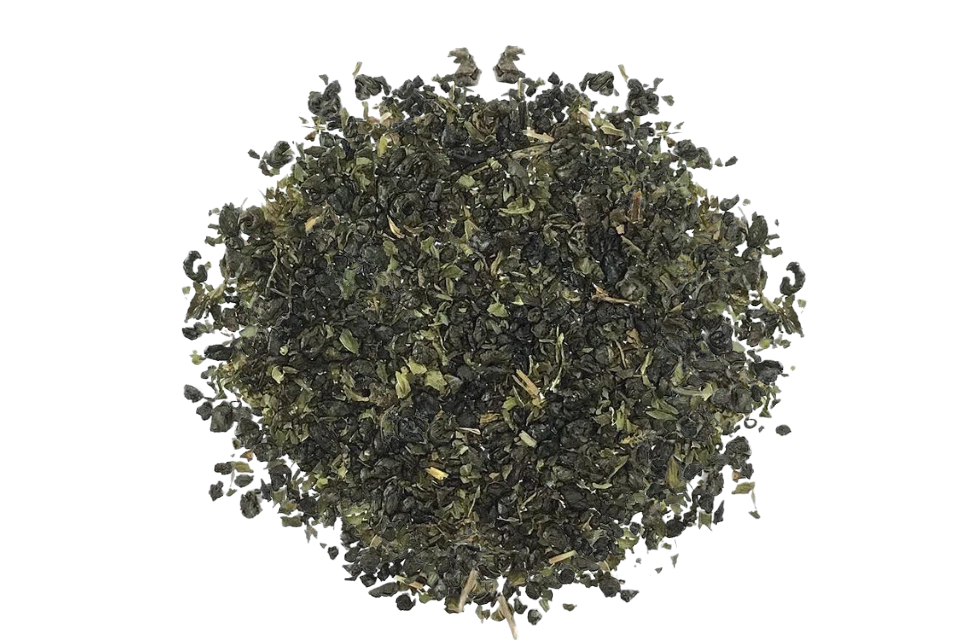 A close up image of Moroccan Mint Green Tea leaves mixed with peppermint herb.