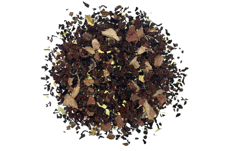 Chai Tea blend with various herbs and leaves on a white background