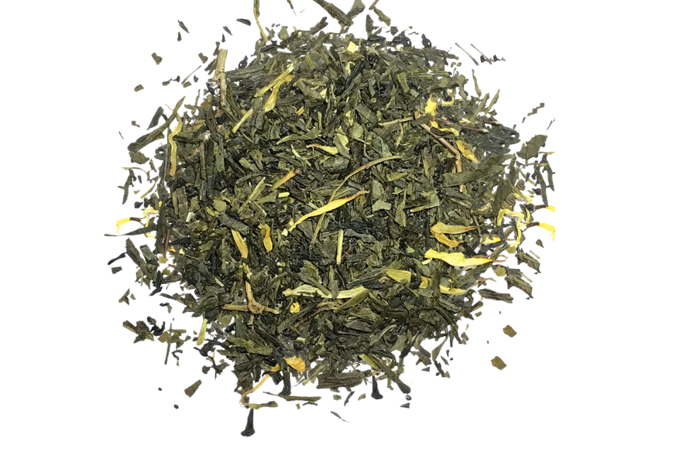 Dry green tea leaves on a white background
