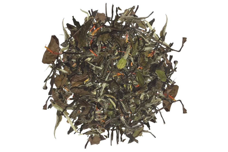 Dry tea leaves on a white background