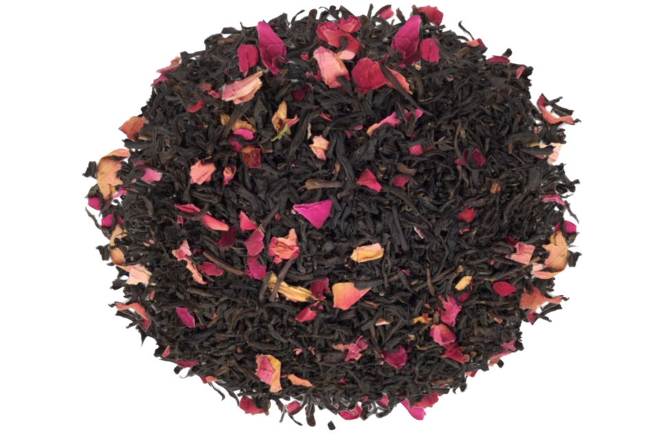 A blend of black tea leaves with pieces of rose petals, creating a floral tea mix.