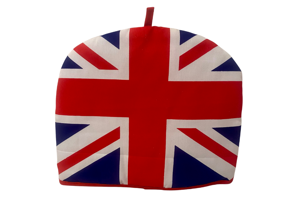A Union Jack patterned tea cozy with a red, white, and blue color scheme.