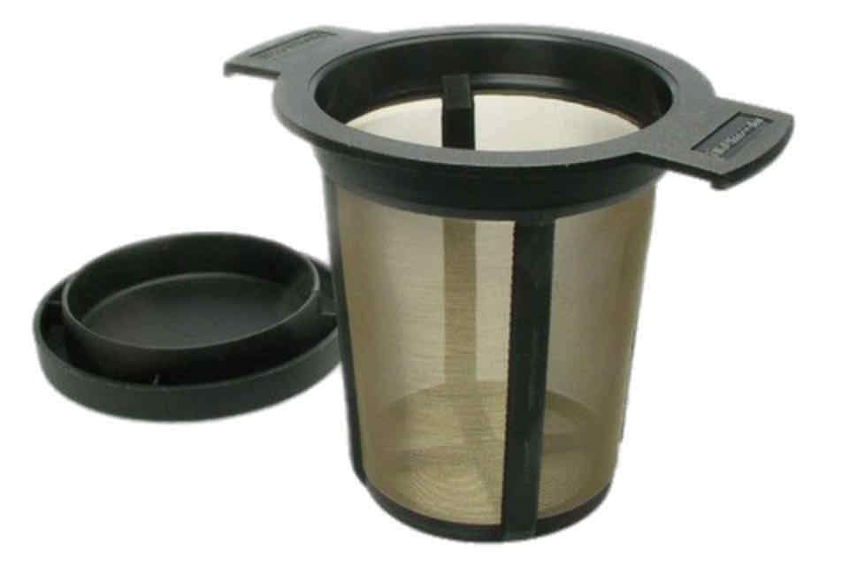 A black fine mesh tea brew basket with a lid, designed for steeping tea leaves.