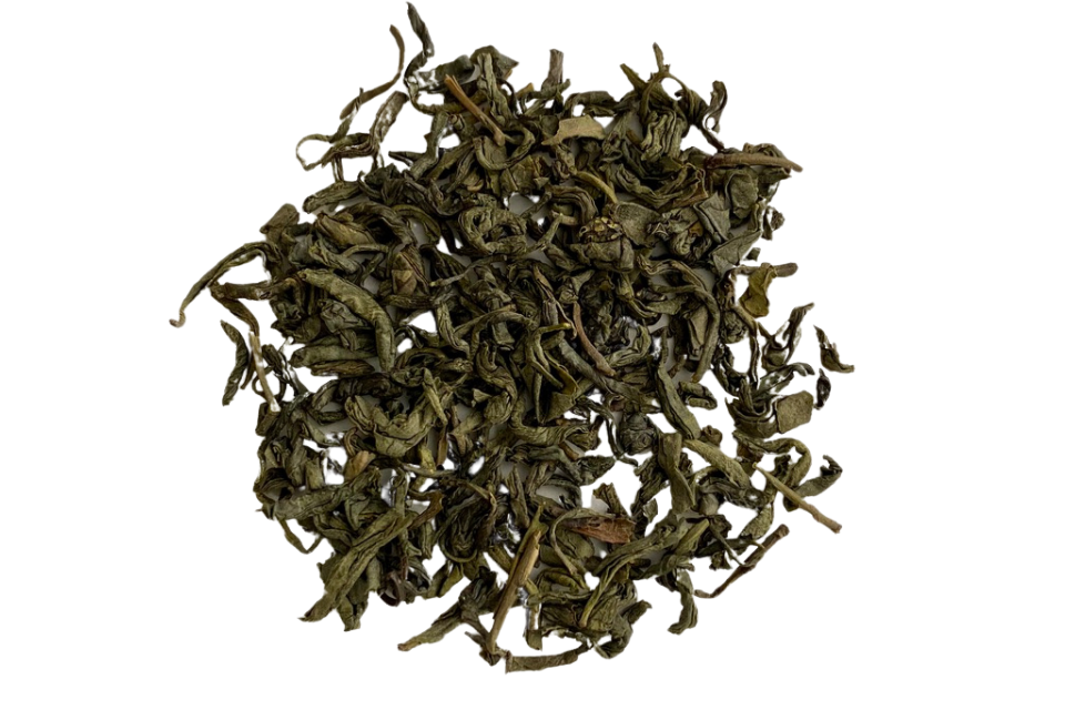 a pile of twisted green tea leaves
