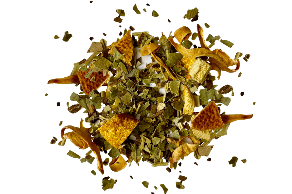 mate tea with pieces of citrus, orange peel and flavoring