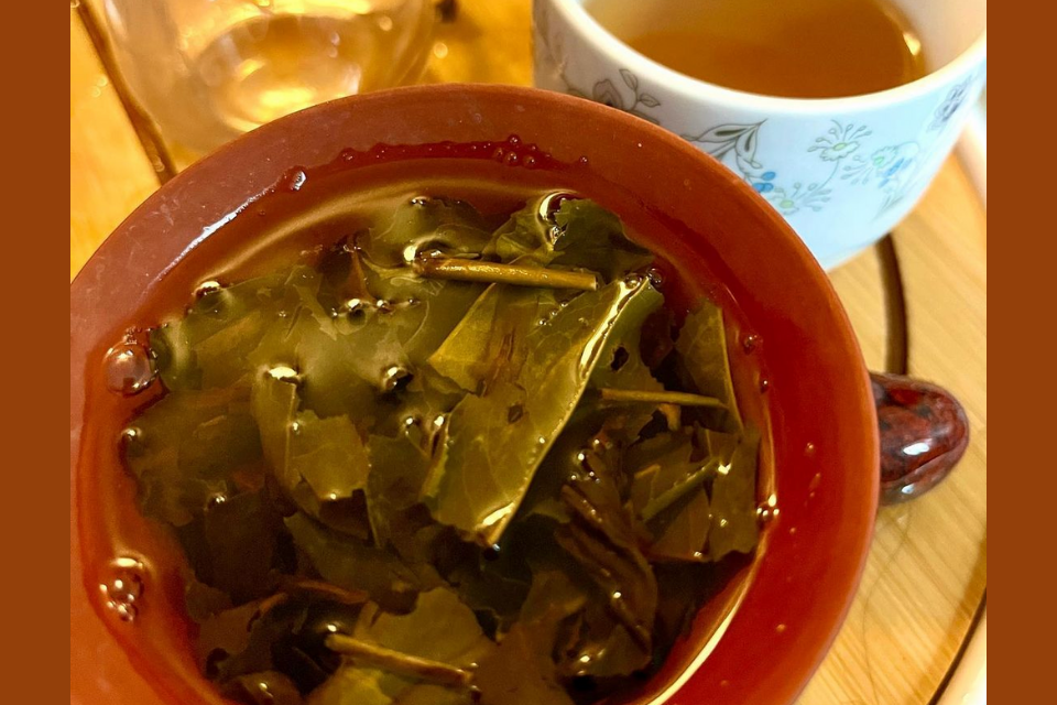A cup with tea leaves. The Tea Time Shop