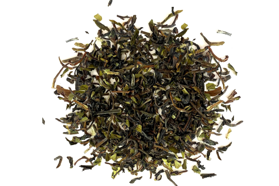 A heap of broken Darjeeling 1st flush spring harvest tea leaves.