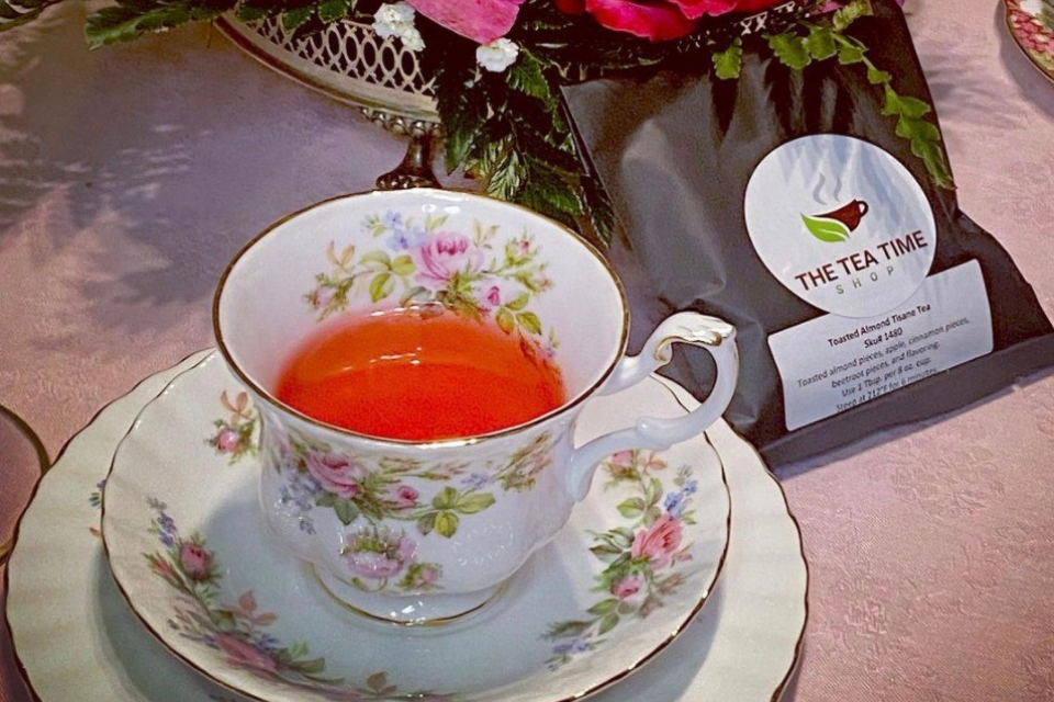 an english teacup with brewed toasted almond tea
