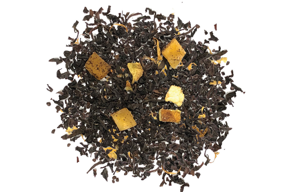 Black tea with mango pieces. The Tea Time Shop