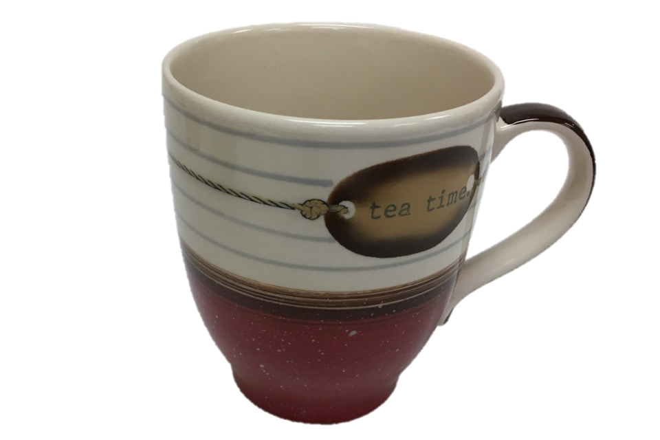A ceramic cup with grey stripes and red on the bottom with a hand-painted tag on the front that reads tea time. 