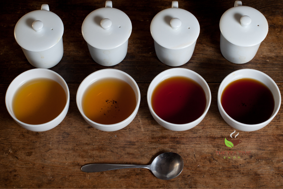 picture of a tea cupping with various teas in the cups