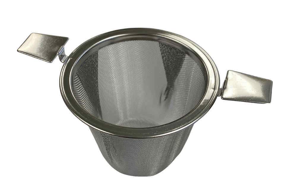 A silver stainless steel tea infuser basket with a handle, viewed from the top, showing the mesh infuser and the solid bottom.