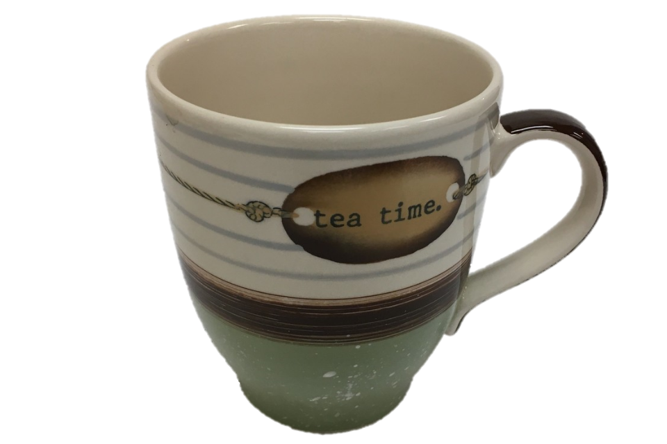 A ceramic cup with grey stripes and green on the bottom with a hand-painted tag on the front that reads tea time. 