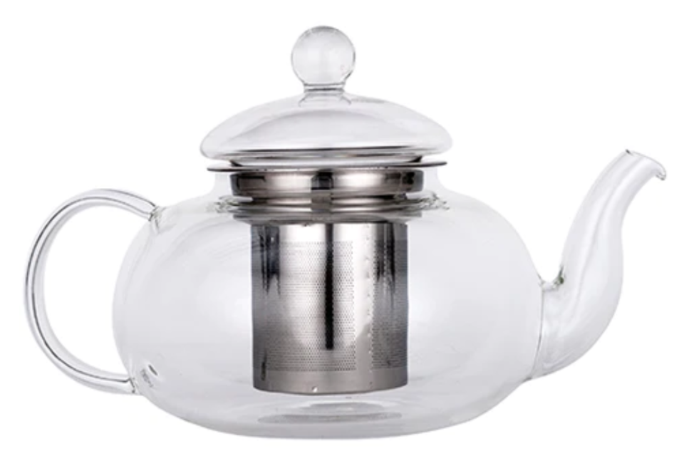 A glass teapot with a stainless steel infuser basket. 